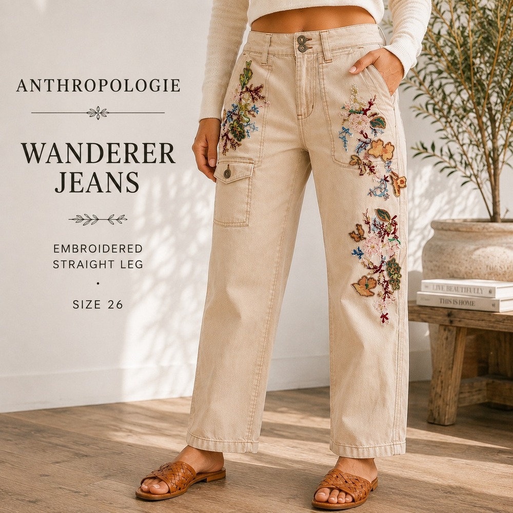 Anthropologie The Wanderer Pants Women 26 Tan Floral Embroidered Utility Boho - Picture 1 of 14
